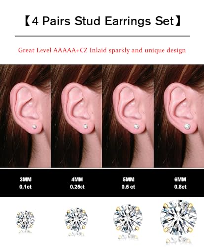 Stud Earrings for Women Men, Hypoallergenic Women's 14K Gold Plated 316L Stainless Steel CZ Studs Earrings Simulated Diamond Round Cubic Zirconia Ear Stud Set4