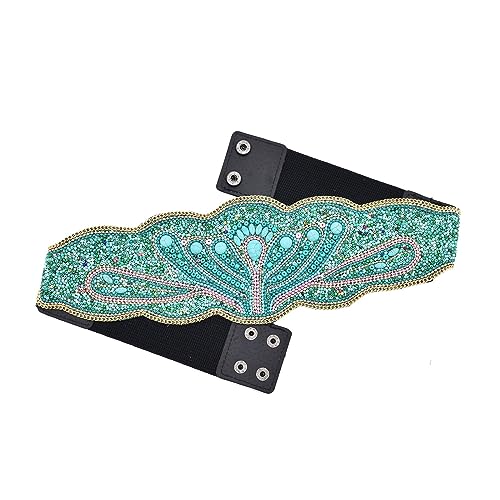 Bohemian Retro Wide Belts for Women Stretch Elastic Waist Belt Waist Cover Turquoise Crystal Floral Bead Body Chain