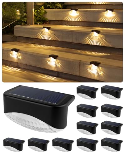 KALAHOL 12 Pack Solar Fence Lights IP65 Waterproof LED Solar Step Lights Outdoor Solar Lights Outdoor Garden for Stairs Fences Railings Yards Pathways and Garden Decorations (Warm White)