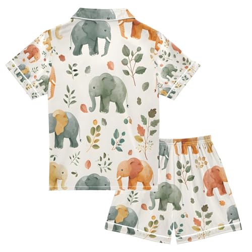senya Elephants Plants Q Satin Summer Pajama Sets Silk Short Sleeve Button Down Sleepwear2