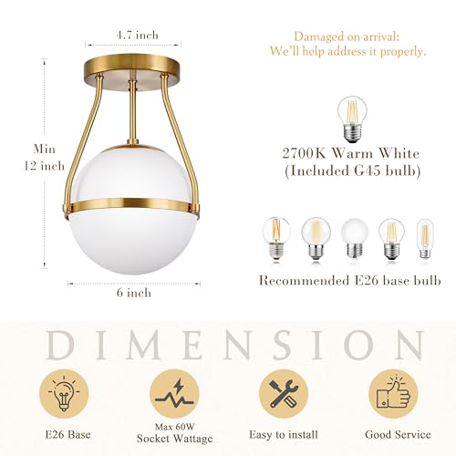 Bagood Globe Semi Flush Mount Ceiling Light Mid Century Modern Globe Ceiling Light Fixture with Milk Glass Shade Brass Finish for Living Room Hallway Kitchen Island Dining Room Laundry (Bulb Incl.)… by Bagood - Image 4