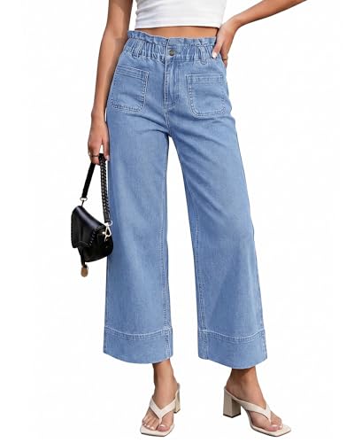 luvamia Wide Leg Distressed Jeans for Women Cropped High Waisted Patch Pocket Paper Bag Waist Stretchy Trouser Jeans Wide Leg Cropped Pants for Women Denim Lakeside Blue Medium US Size 8-10