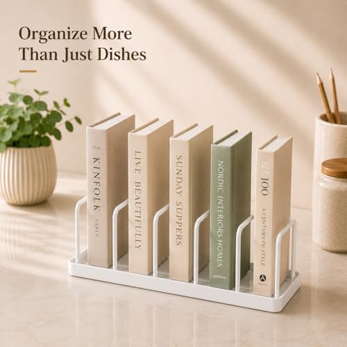 Image of Homeze Dish Drying Rack for Kitchen Counter | Carbon Steel Plate Stand & Pot Lid Organizer | 5 Slot Dish Drainer for Plates, Cutting Boards & Trays | Rust Resistant Cabinet Storage Rack - White(2 Set)