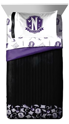 Image of Wednesday Addams Twin Comforter Set 5 Piece Gothic Bedding for Girls, Black | Bed in a Bag, Comforter Sheets Sham Pillowcase, Official Product, Soft Microfiber, Machine Washable, Girls Gift