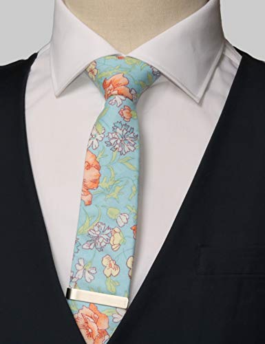 Image of Men's Skinny Tie Floral Cotton Necktie and Tie Bar Clip Sets, Great for Weddings,Groom,Groomsmen
