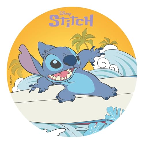 dekora - Decoración para Tartas de Cumpleaños Infantiles - Cake Topper de Stitch de 20 cm - Disco de Oblea Comestible para Tarta Sin Gluten, Sin Azúcares Añadidos, Sin Lactosa - Apto para Vegetarianos