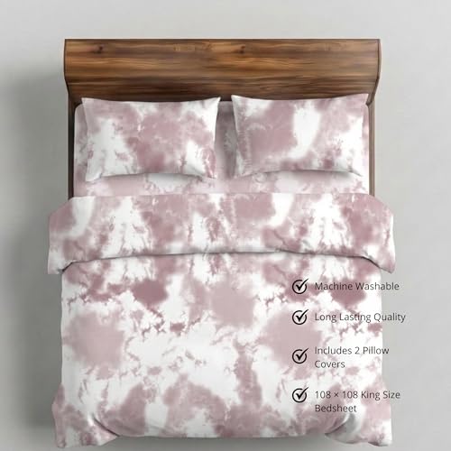 Image of VELOURA Tie-Dye Bedsheet, 100% Cotton, King Size 108x108 Inches, 300 Thread Count, with 2 Pillow Covers (Blush Pink)