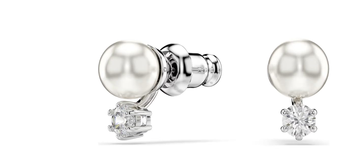 Matrix stud earrings Crystal pearl, Round cut, White, Rhodium plated