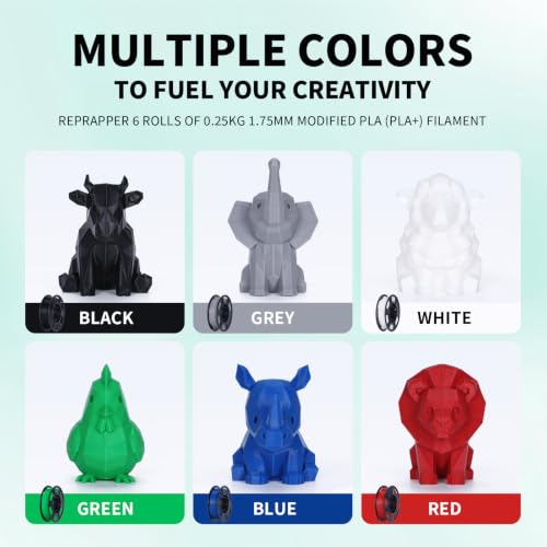 Image of RepRapper Modified PLA (PLA+) Filament Bundle 1.75mm, 6 Rolls of 250g (Black, White, Grey, Red, Green, Blue), Upgraded PLA 3D Printer Filament ±0.03mm Precision