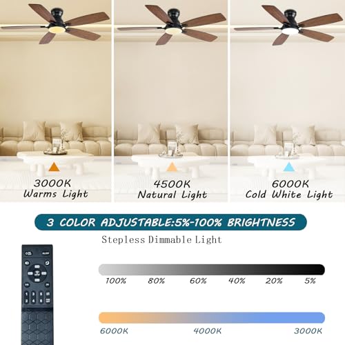 Image of JSAITEE Ceiling Fans with Lights, 52 Inch Low Profile Ceiling Fan with Light and Remote Control, Flush Mount, DC Reversible Motor, Noiseless, Brown 6 Speeds Ceiling Fan for Bedroom