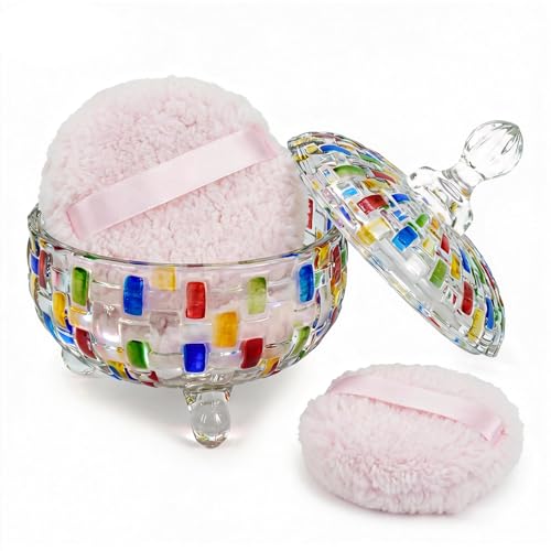 3 Pcs Extra Large Dusting Powder Puff and Container with Body Soft Washable Reusable Nian Gao Fleece Face 5.9'' Glass Crystal Dusting Powder Container for Women (Multicolor, Weave Design)