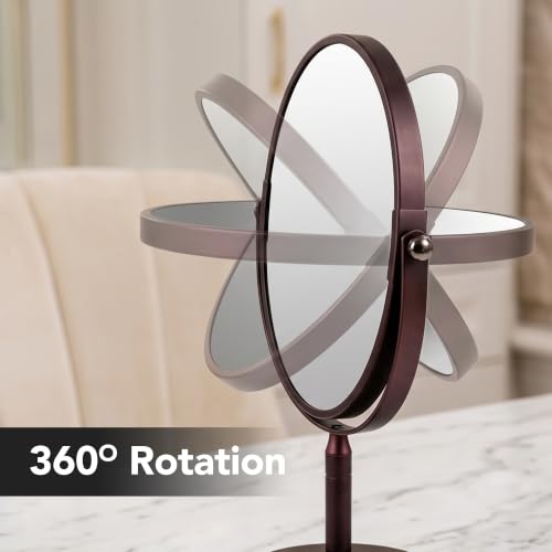 Image of OVENTE 7'' Makeup Mirror with 1X /5X, Antique Bronze MNLDT70ABZ1X5X | Tabletop 360 Swivel Design and Double-Sided Free-Standing Vanity Perfect for Dresser, Bedroom and Office Desk
