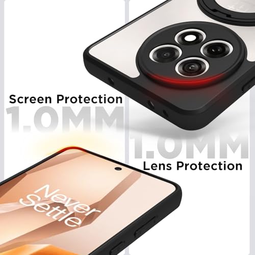 Image of RIGGEAR Shockproof Sleek Hybrid Armor 360 Rotating Magnetic Ring Stand Back Cover Case Compatible with MagSafe Accessories for OnePlus 13R (Clear PC + Black TPU Bumper)