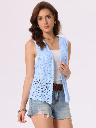 Image of Allegra K Women's Floral Crochet Hollow Out Sleeveless Open Front Boho Vest Cardigan