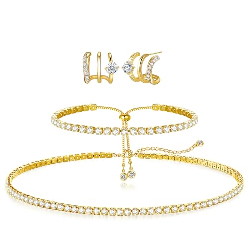 Image of HAXIYA Tennis Necklace Bracelet for Women, Sterling Sliver Jewelry Set, Silver /Gold Chocker Necklace, Crystal Bracelet for Women, Wedding Jewelry for Bride, Sparkly Party Prom Hypoallergenic