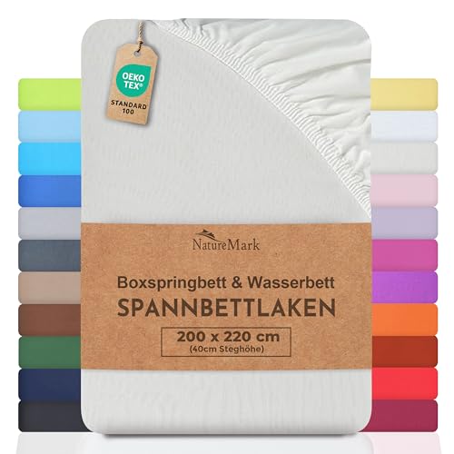 NatureMark Basic Boxspringbett & Wasserbett Spannbettlaken 200 x 220 cm - 40 cm Steghöhe - 200x220cm Spannbetttuch - 100% Baumwolle, Naturweiß/Creme