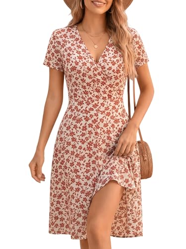Image of MSBASIC Womens Summer Wrap V Neck Casual Dresses Floral Short Sleeve A-Line Midi Sundress
