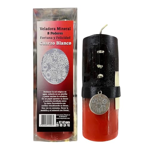 Veladora 8 Poderes de Cuarzo Blanco: Fortuna y Felicidad | Velón Especial de Atracción de Dinero y Bienestar | Con Cuerda, Cuarzo Blanco y Medalla de Tetragramatón, Lazo Negro, Pergamino y Sal Mágica.