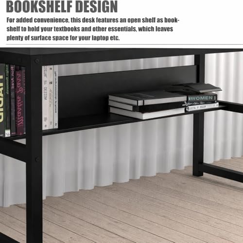 Image of Study Table for Home | with Under-Desk Storage Shelf | Wooden Industrial Computer Table for Home Office & Gaming | Rustic Wood & Black Metal Frame | Black | 120 x 60 x 75 cm