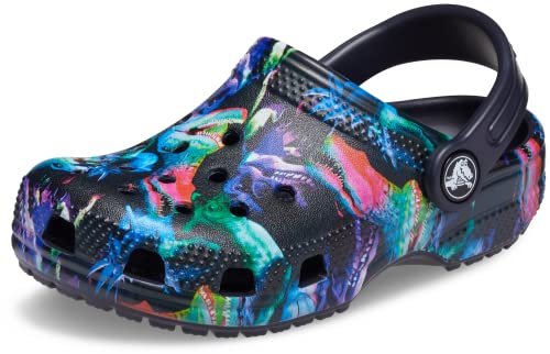Crocs Kids Classic Clog Seasonal Graphic for Toddler - Thermoplastic Upper with Jibbitz Charms, and Pivoting Heel Strap Deep Navy/Multi Dino 6 Toddler M