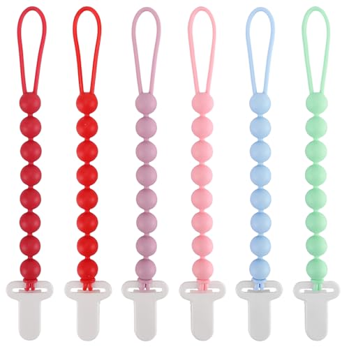 Image of 6-Pack Silicone Pacifier Clips for Babies, Safe Teething Beads, Rust-Free Holders, Baby Boy and Girl Essentials, Newborn Must-Have Accessories, BPA-Free (Pink)