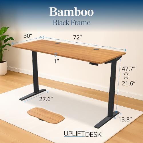 Image of UPLIFTDESK Bamboo (72 x 30 inch) Standing Desk 2-Leg V3 Adjustable Stand Up C-Frame (Black), Advanced Keypad, Wire Grommets, Wire Tray, Rocker Board