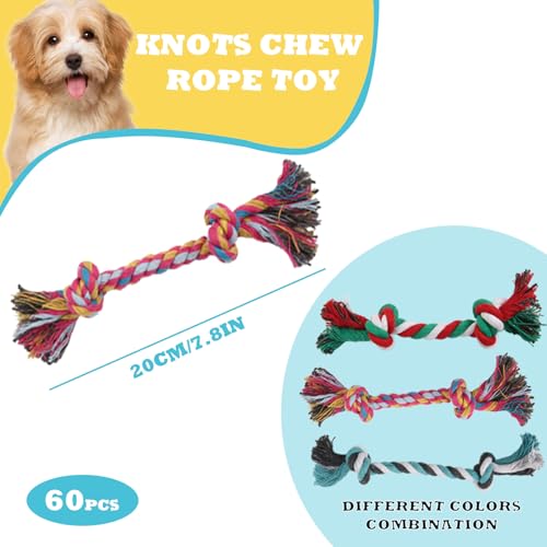 eggigi 60 peças de corda de nó multicolorido, brinquedos para mastigar para cachorros, brinquedo de