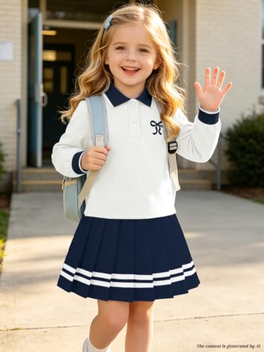 Image of Betusline Girls Skirt Set Long Sleeve Polo & Pleated Skirt, 4-14Y