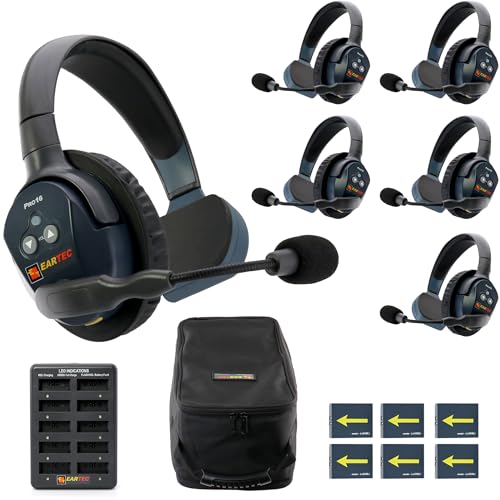 EARTEC Ultralite PRO16 ETP6S Full-Duplex Long Range Wireless Intercom System - 6 Single Ear Headsets, Up to 1/2 Mile Range, 2.4 GHz, U.S. Company