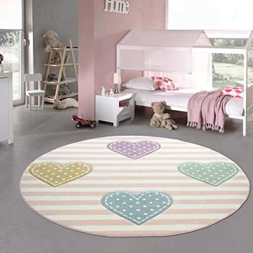 Teppich-Traum Tapis Enfant Tapis Coeurs pépinière Fille en Rose Violet Vert Größe 120 cm Rund