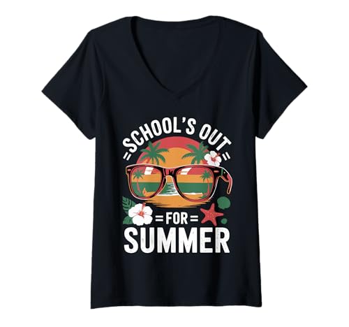 Donna School's Out for Summer Retro Vacation Occhiali da sole Tee Maglietta con Collo a V