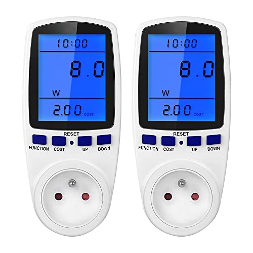 NAVESO Wattmètre, 2 Packs Prise Compteur Dénergie, Wattmètre Prise Compteur Dénergie Numérique avec 7 Mode et Lécran LCD, Prise Wattmetre, 16A, Protection de Surcharge