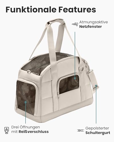 Larkson Hundetransportbox für Kleine Hunde bis 12kg Beige - Tjark - Hundetasche fürs Flugzeug - Transporttasche für Reisen mit Hund & Katze - Entspricht Vorgaben der meisten Airlines