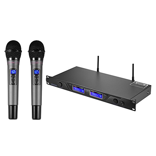 ammoon Profesional UHF de Micrófono Inalámbrico Sistema de Micrófono Canales Duales Receptor Pantalla LCD 2 Micrófonos de Mano 6,35 mm Cable de Audio Adaptador de Corriente para la Etapa Karaoke
