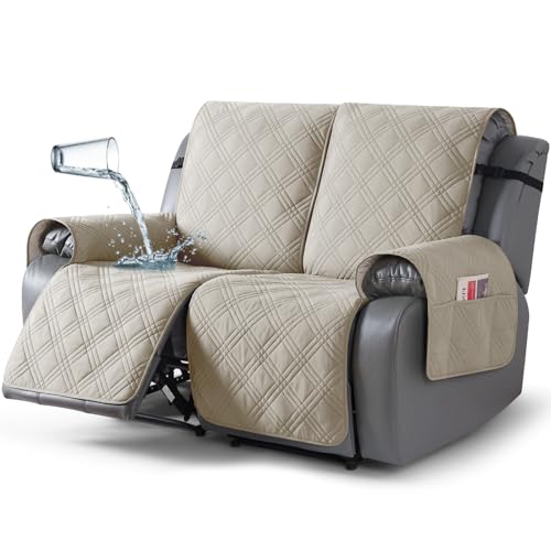 Image of TAOCOCO 100% Waterproof Loveseat Recliner Cover, Non Slip Split Recliner Couch Cover with Elastic Straps Pocket, Washable Reclining Sofa Cover Furniture Protector for Kids, Dogs, Pets(2 Seater,Cream)
