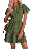 PRETTYGARDEN Womens 2025 Summer Short Dress V Neck Short Sleeve A Line Hollow Out Lace Ruffle Cute Casual Beach Party Dresses (Army Green,Large)
