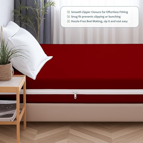 Image of Zipper Closure Style Mattress Protector Queen Size 100% Waterproof Six-Sided Mattress Encasement for Bed 72x60 Inch Fit On 6 Inch 6X5 Feet Maroon
