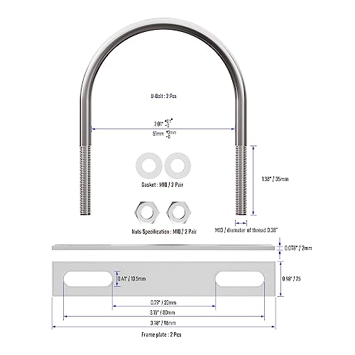 Image of 2 Sets 304 Stainless Steel Round Bend U-Bolts 2.01 inch(51mm) Inner Width 3.35 inch(85mm) Length M10 with Nuts, Frame Plate, Washers, Accessories for Boat Trailer Axle Sailboat Trailer