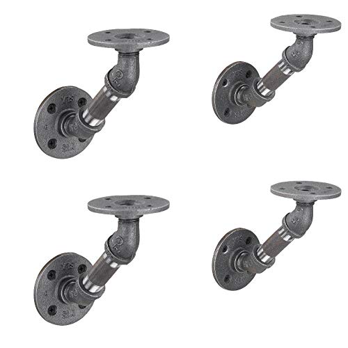 Pipe Shelf Brackets, Industrial Angled Bracket for Rustic Floating Shelves,Iron Metal Grey Black Fittings, Wall Mounted Shelving DIY Furniture, Double Flange with 3 Inch Pipes, Set of Four