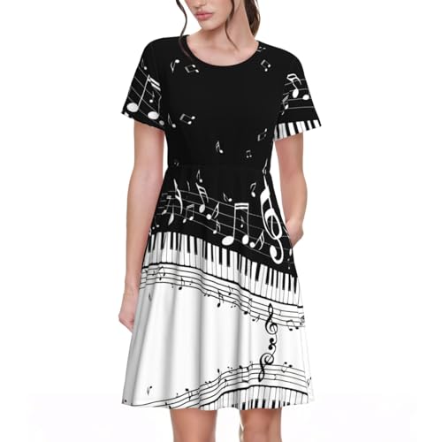 Robe d'été confortable pour femme avec poches motif note de musique taille élastique