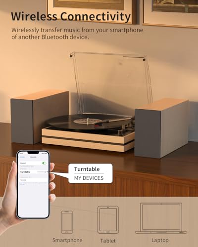 Image of Vinyl Record Player with Two External Speakers Belt-Drive Turntables for Vinyls Records Dual Stereo Speakers LP Players 3 Speed Full Size Wireless AUX-in Headphone Auto Stop Wood White