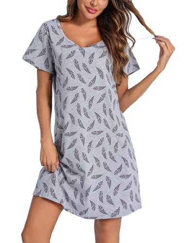 Image of ENJOYNIGHT Womens Cotton Nightgown Short Sleeve Sleepshirt Print Nightshirt | Short-Sleeve Crew Neck, Soft Cotton Fabric, Cartoon Printed Sleep Shirt, Loose Fit