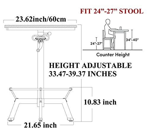 Lokkhan Industrial Bar Table-33.5-39.4 Inch Tall-Adjustable Bar Height Pub Table-23.7 Inch Swivel Round Wood Top Metal Base-Easily Adjusts By Crank Handle #TOP1