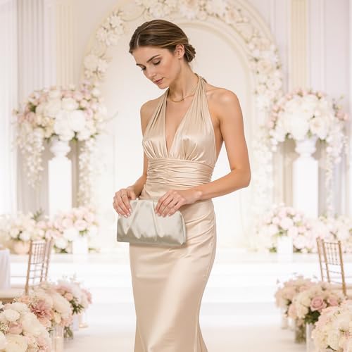 Image of Larcenciel Pleated Satin Clutch Purses for Women, Dumpling Pouch Style Evening Handbag for Prom, Party, Wedding, Formal Event
