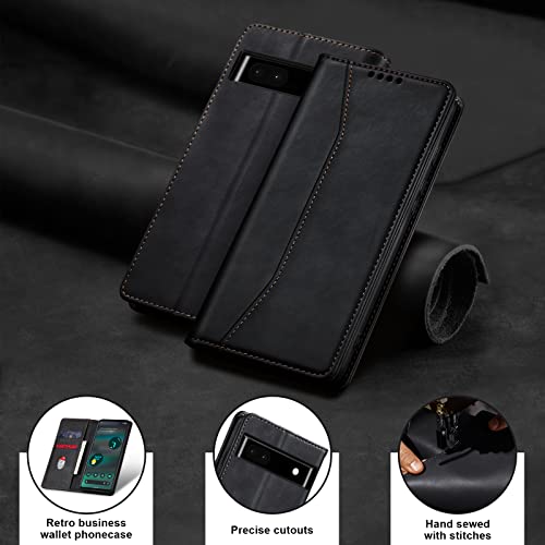 Image of Jasonyu Flip Wallet Case for Google Pixel 6A 5G,Leather Magnetic Folio Cover with Card Holder,Kickstand - TPU Shockproof Durable Protective Phone Case,Black