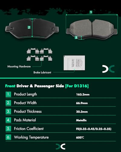 Image of SCITOO D1316-8430 Disc Brake Pads Sets Front Metal Brake Pads w /Hardware | For Dodge 2007-2009,For Freightliner 2007-2014 2016,For Mercedes-Benz 2010-2020,For Volkswagen 2008-2011