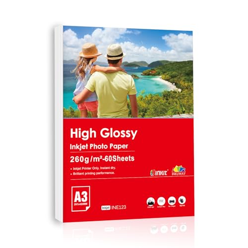 Inkuway A3 Size 260gsm Thick Glossy Photo Paper 60 Sheets Inkjet 60pack Single Surface for Printable Photos Card, DIY
