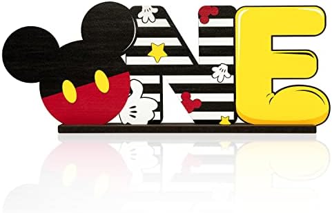Laffact Large Cartoon Mouse ONE Letter Sign Wooden Table Centerpieces Red & Black Mouse 1st Birthday Party Supplies Table Decoration Birthday Wood Table Milestone Sign for Kid Baby Shower Photo Props