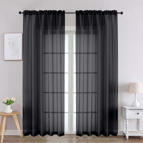 Image of Chyhomenyc Black Sheer Curtains 84 Inches Long 2 Panels, Light Filtering Black Curtains for Living Room, Soft Gentle Voile Rod Pocket Bedroom Window Drapes, 59Wx84L Inch, 2PCS