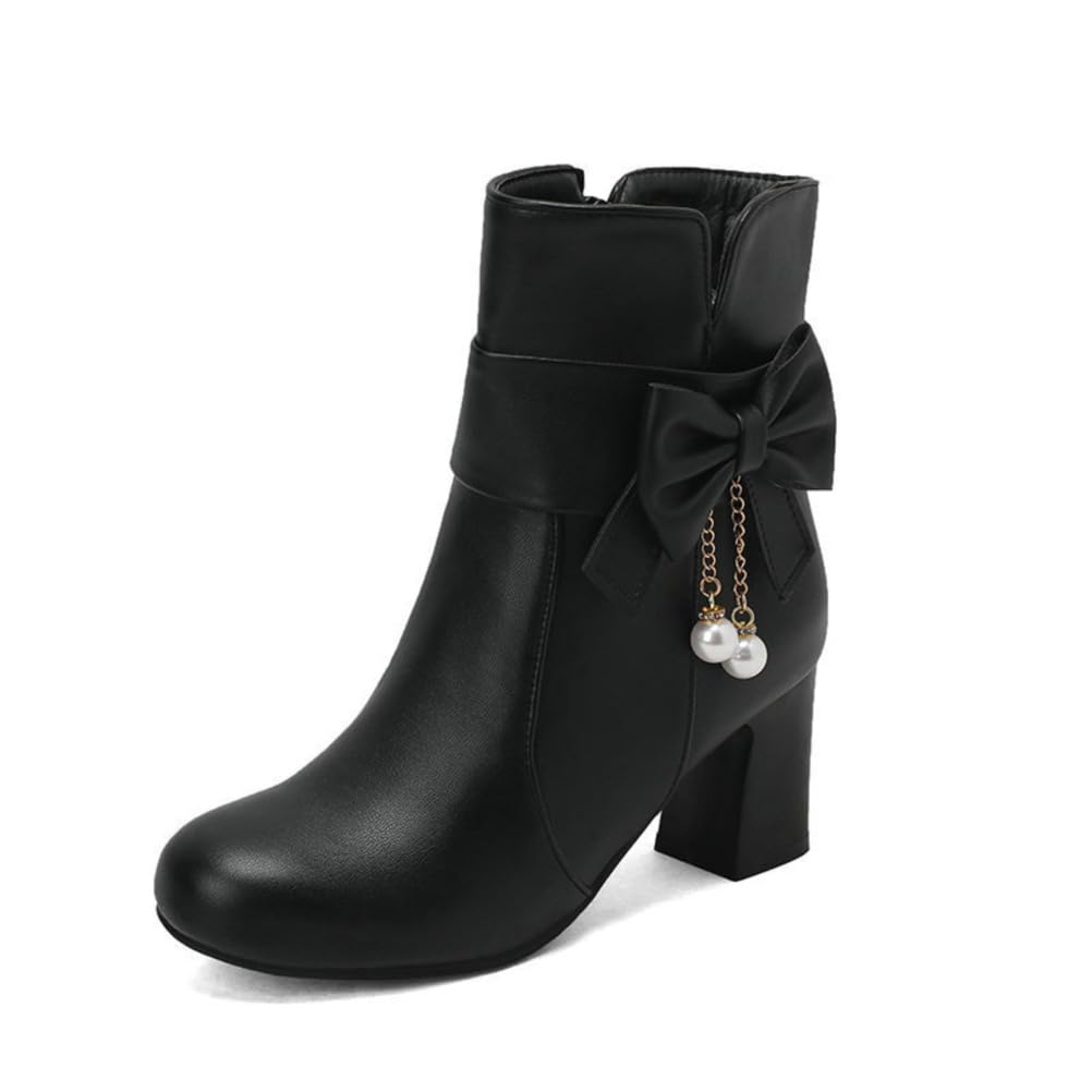 Women Round Toe Slouch Mid Calf Boots Block Heel Fall Winter Bow Short Boots Side Zipper College Cute